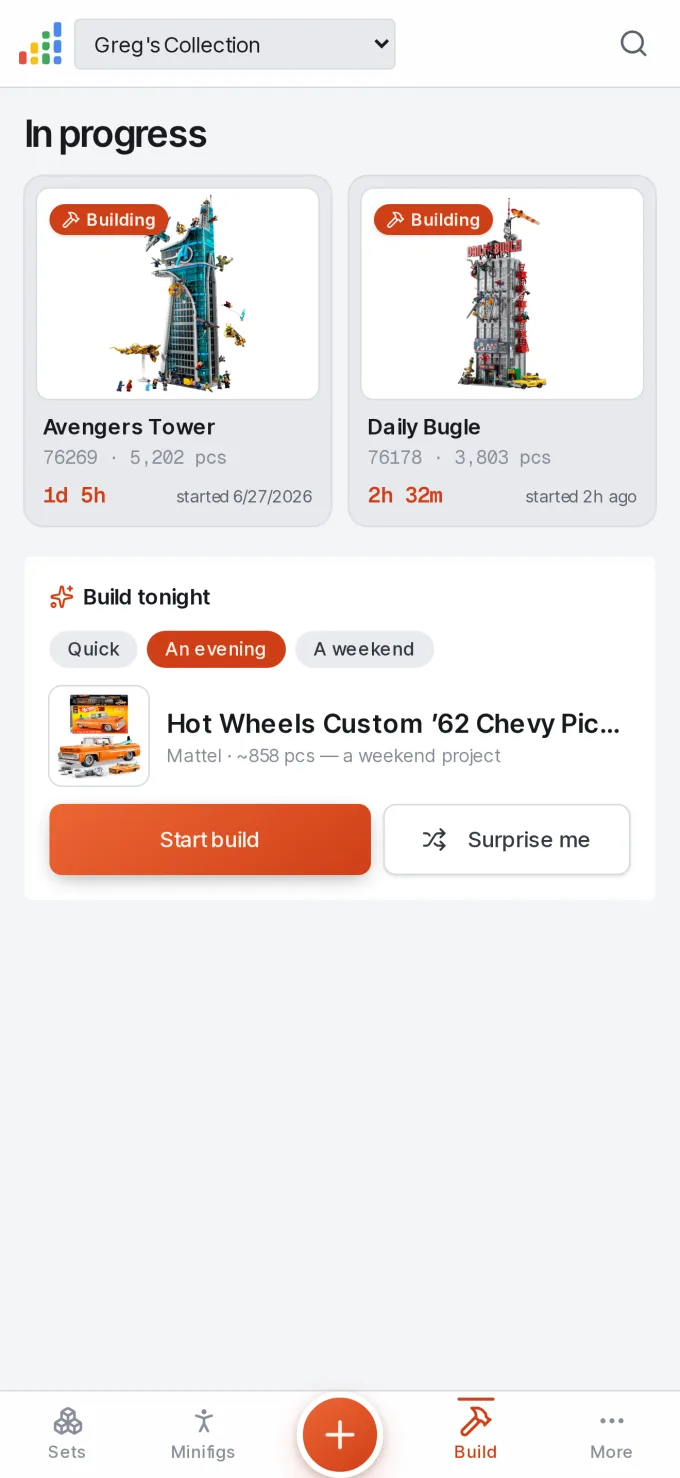 Builds in progress with live timers and a build-tonight pick